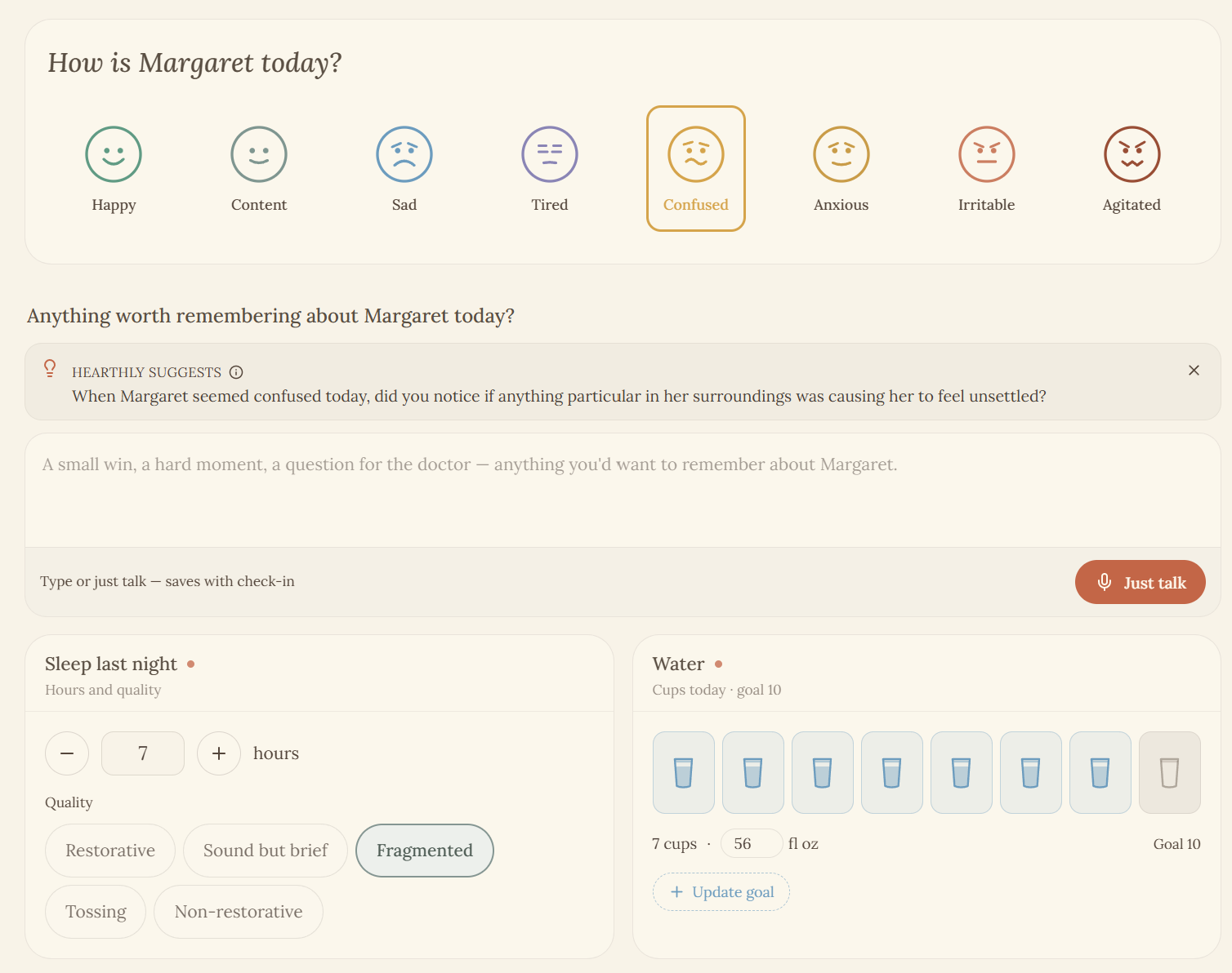 Mood, notes, sleep, and water tracking in the Hearthly daily check-in