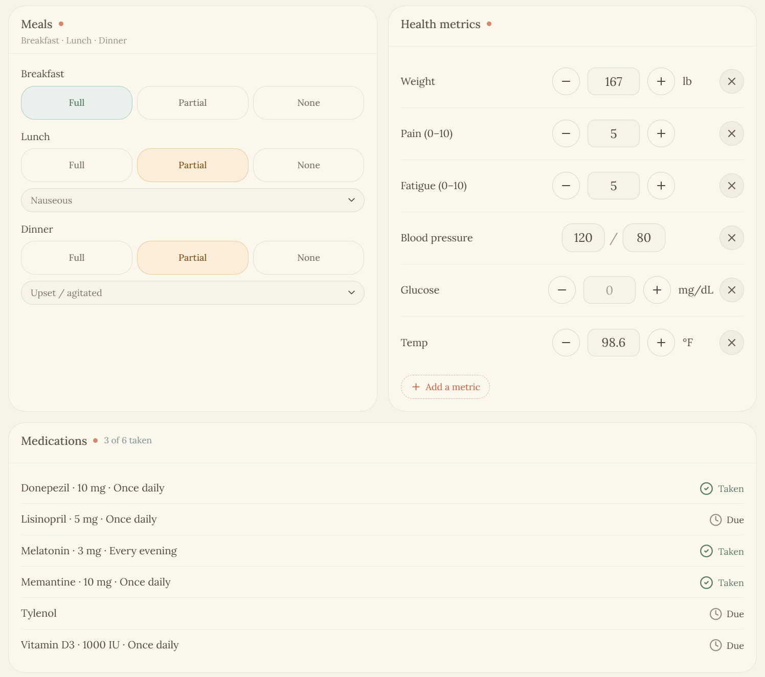 Meals, health metrics, and medications in the Hearthly daily check-in