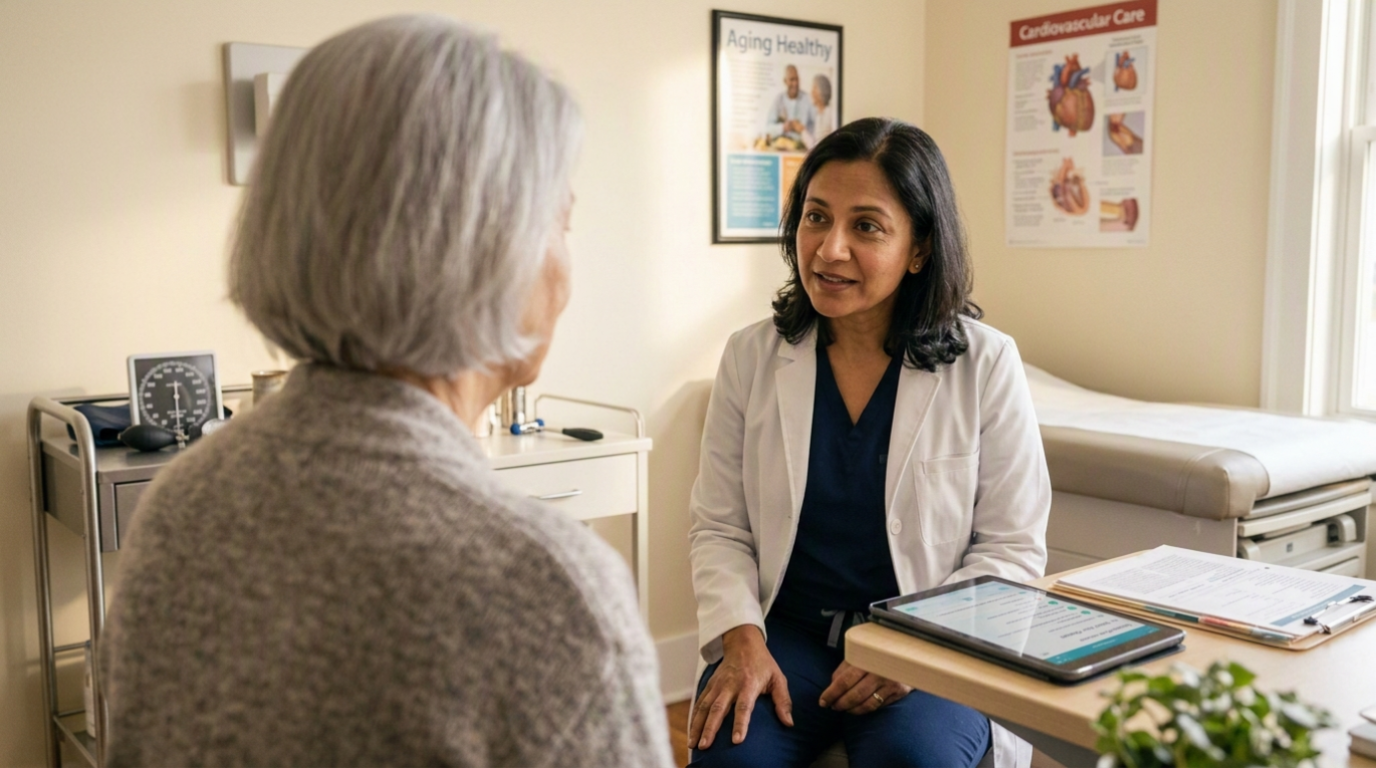A daughter and her mother meeting with a primary care doctor in a bright exam room