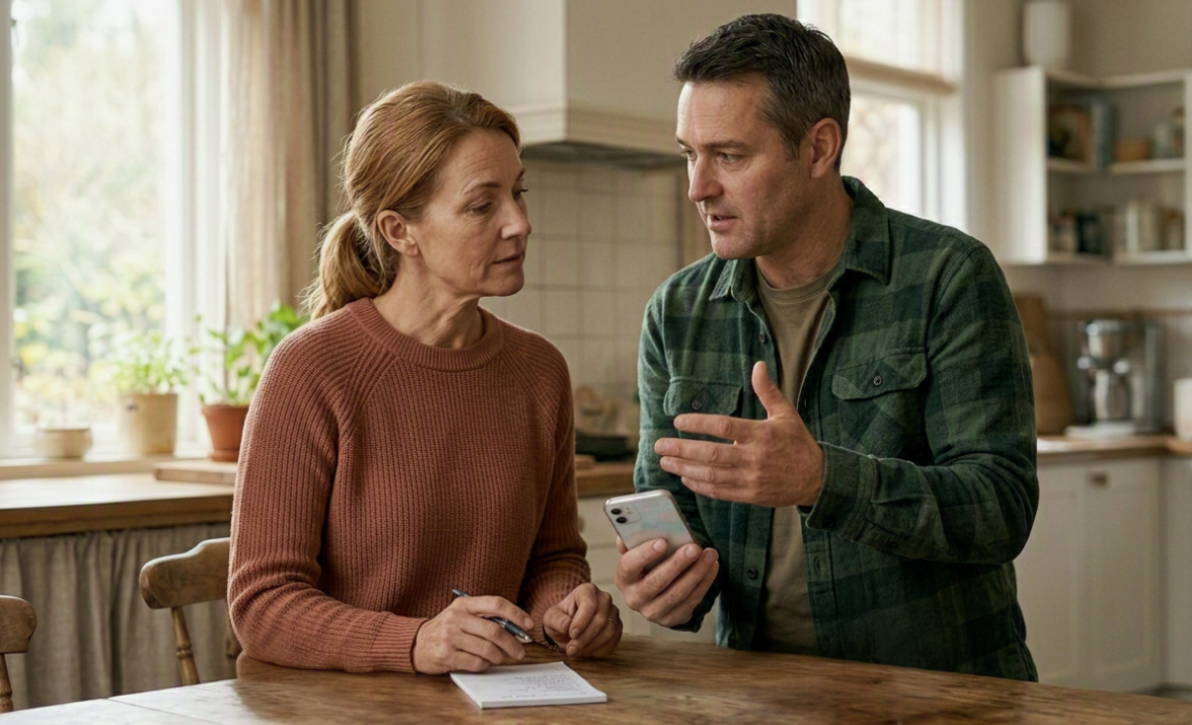 A son and his mother reviewing her care notes together at the kitchen table