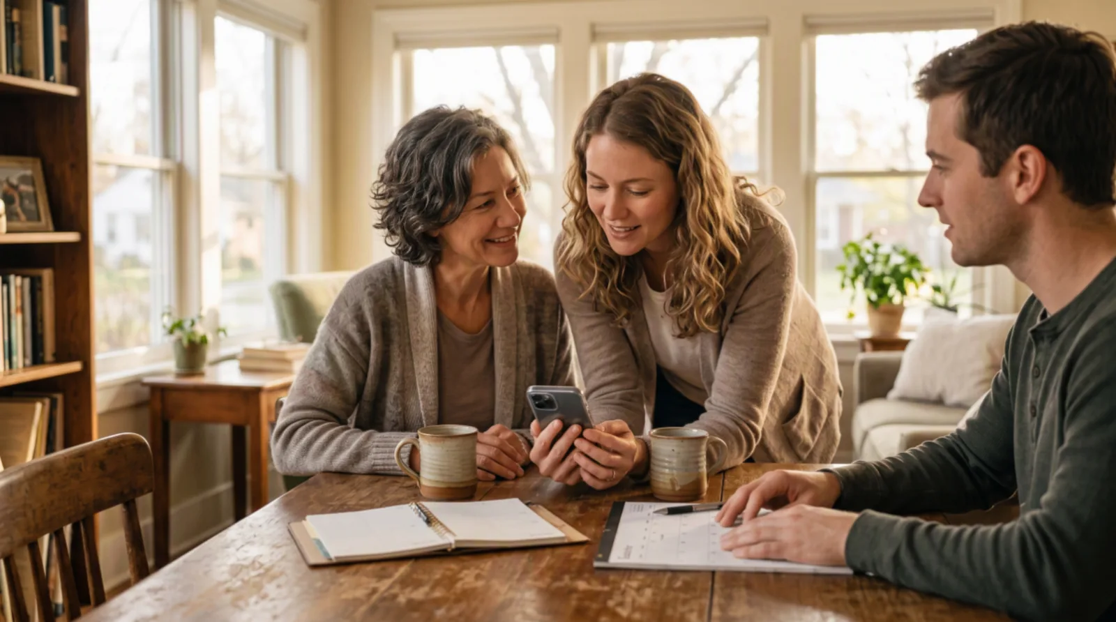 A mother and daughter looking at a phone together with a family member at the kitchen table