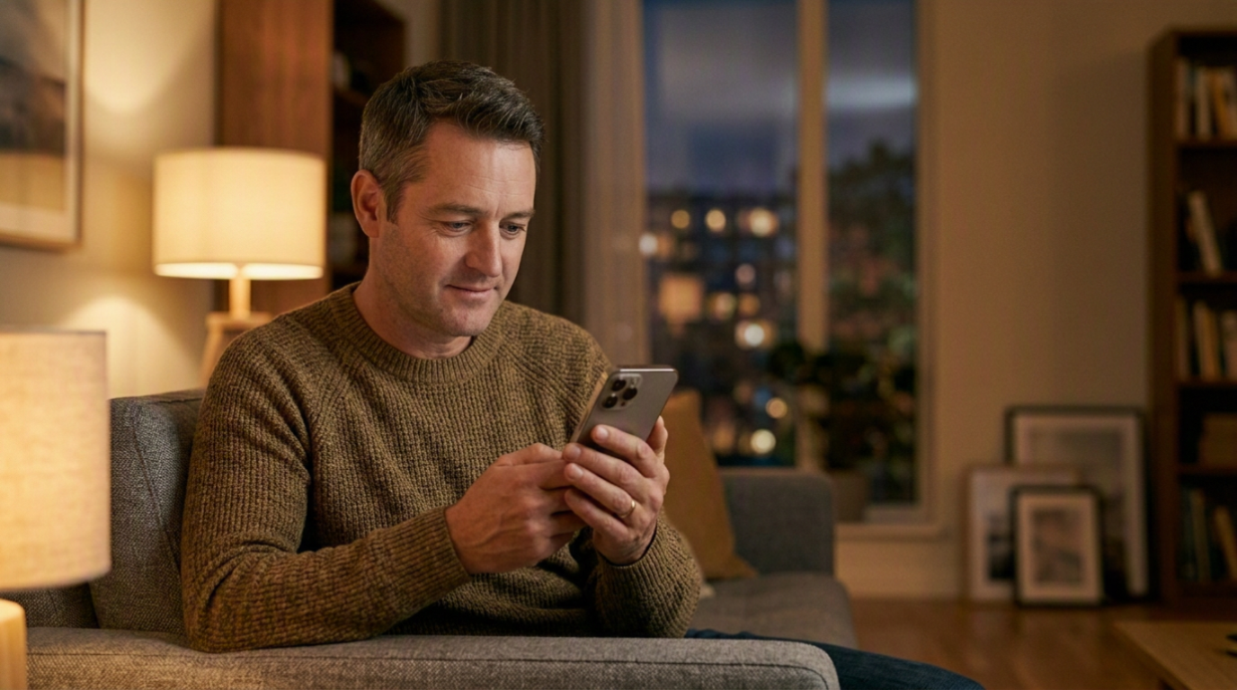 A caregiver checking in on his phone at the end of the day on the living room couch