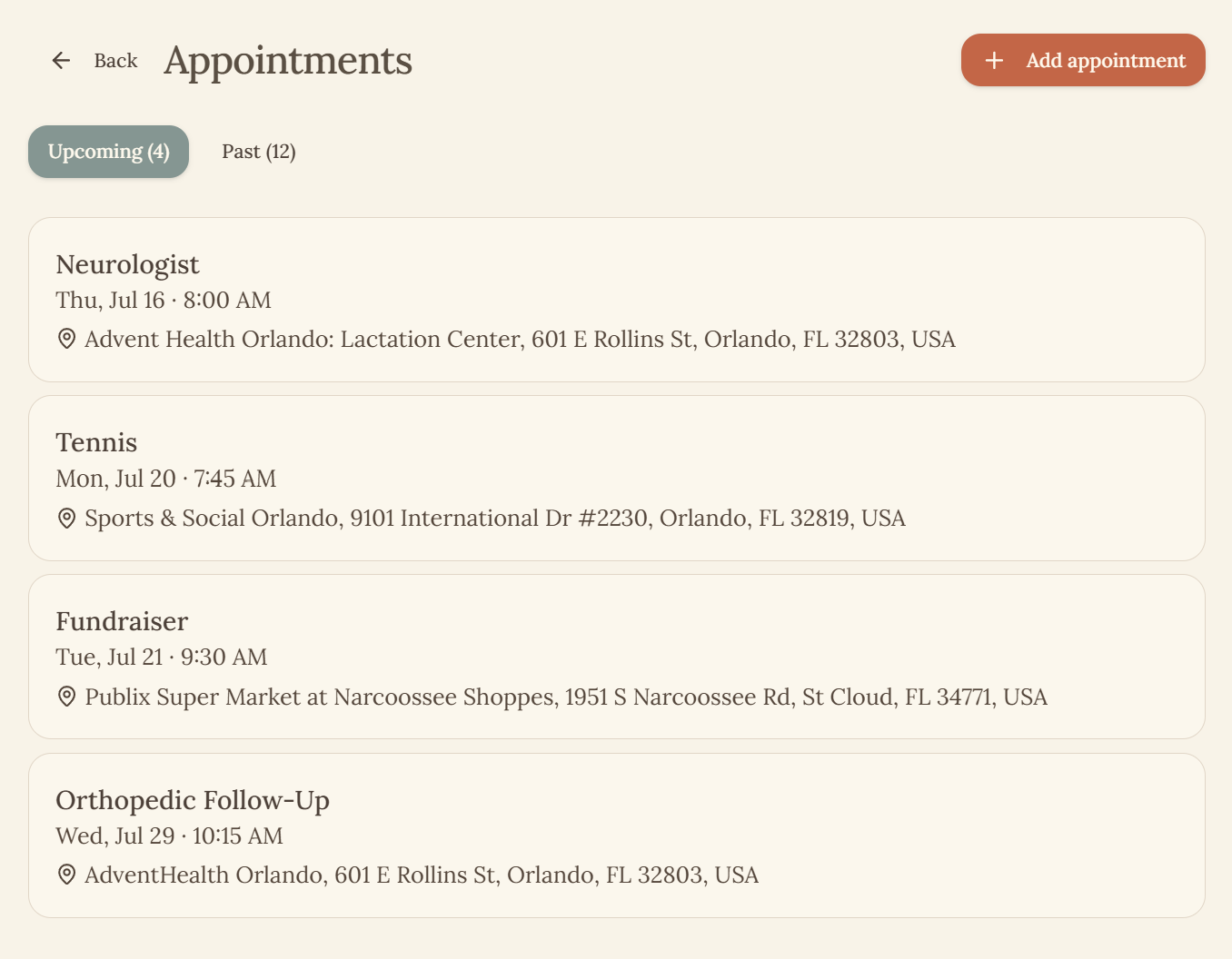 Shared appointments list showing upcoming visits for the care circle