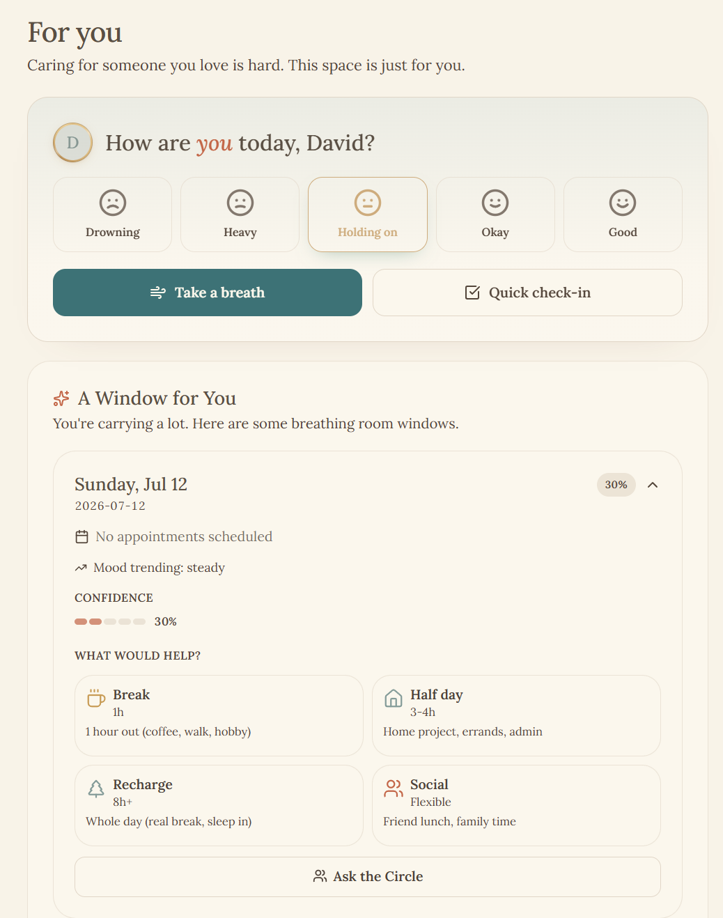Hearthly For You hub with mood check-in and breathing room windows