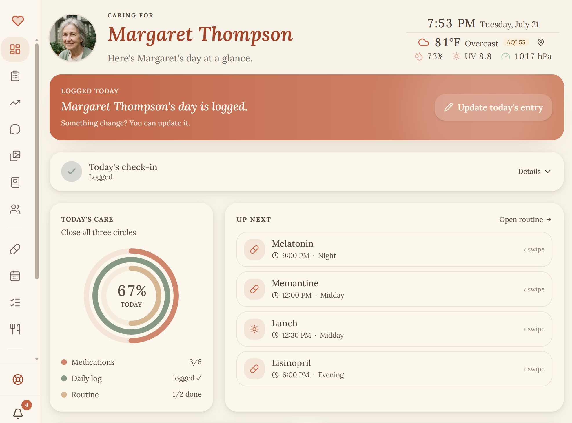 Hearthly home dashboard showing the day at a glance — today's care progress, check-in, and upcoming medications