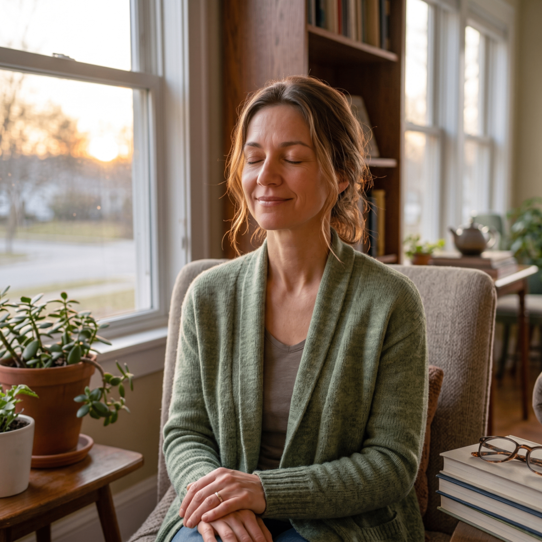 A caregiver sitting by a sunlit window with eyes closed, taking a quiet moment