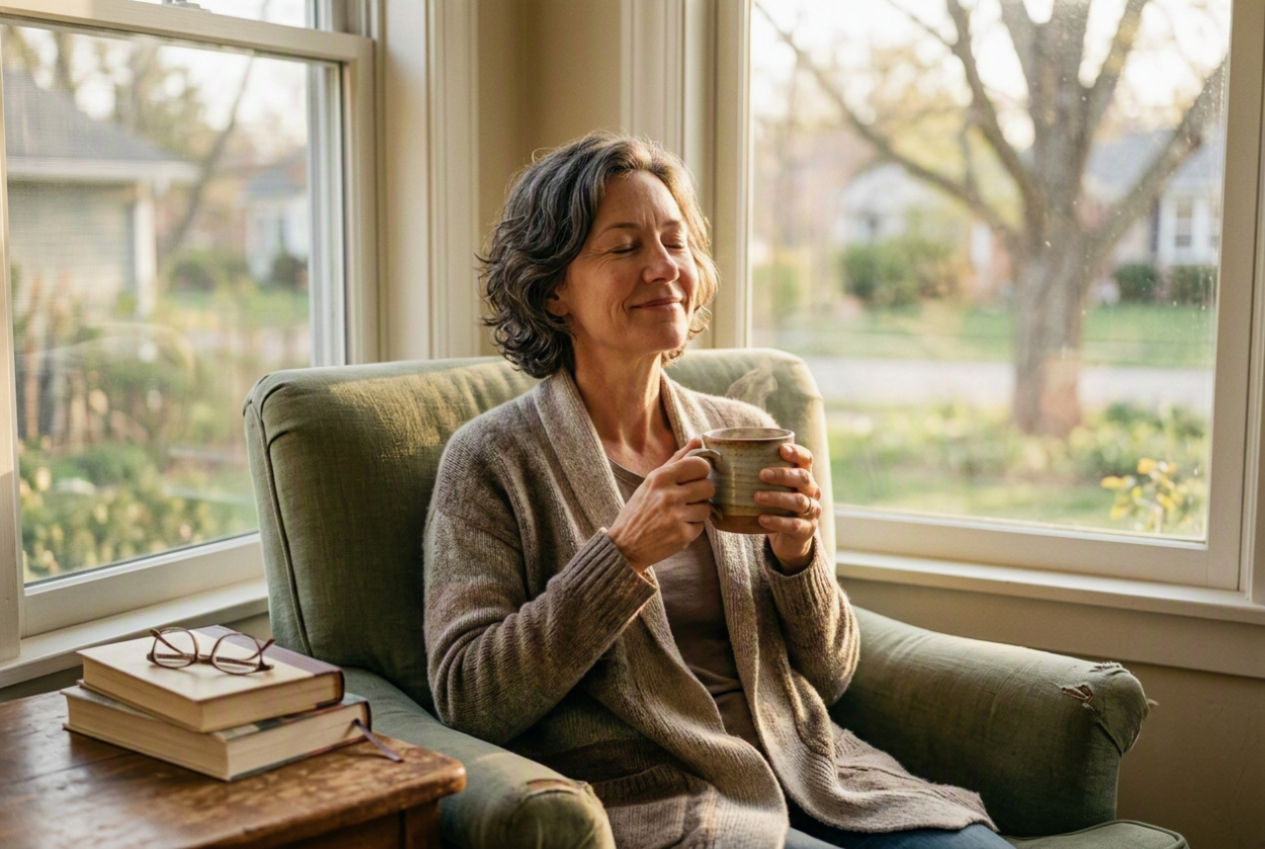 A caregiver pausing with a warm cup of tea by a sunlit window