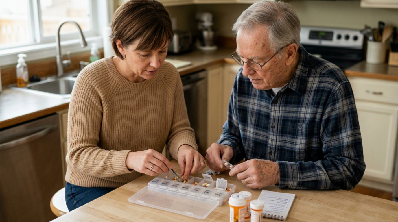 A daughter helping her mother with her medications at the kitchen table